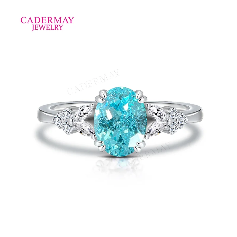 Cadermay Jewelry 925 Silver 6x8mm Oval Shape Neon Blue Paraiba YAG With Moissanite Wedding Engagement Rings for Women Party Gift