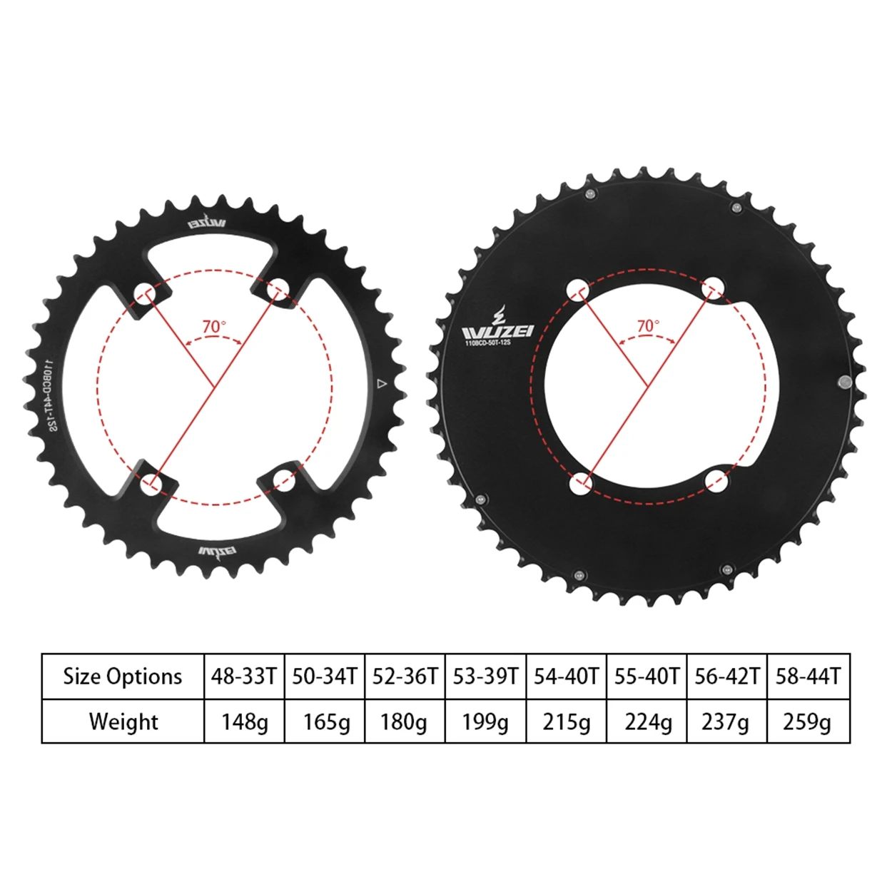 WUZEI 110BCD Rennrad Doppelkettenblatt 2x10/11/12-fach Fahrradkettenblatt 48T/33T 58T/44T Krone für Shimano 105 Ultegra R8000 – Detail 3