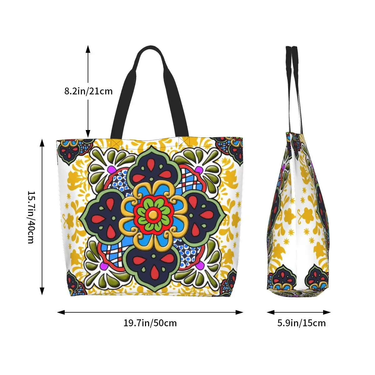 Fashion Printing Mexican Talavera Flower Tote Shopping Bags Recycling Canvas Shoulder Shopper Folk Ceramic Tile Art Handbag