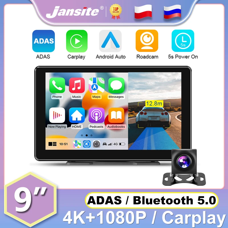 

Jansite 9" ADAS Car DVR 4K Dashcam Mirror Video Player Wireless Carplay Android Auto Dual Lens Bluetooth Dashboard 24H Parking