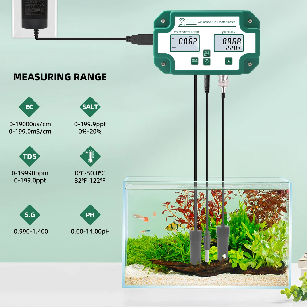 Digital WiFi PH EC TDS SALT SG.Temp Meter Water Quality Tester Data Logger 6-in-1 Smart Monitor Tuya APP Control US/EU/UK Plug