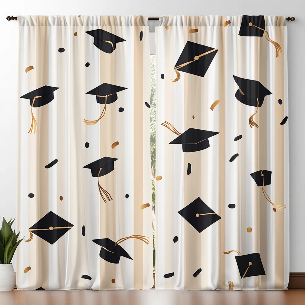 

Graduation Cap & Confetti Striped Curtains Set of 2 Rod Pocket Semi Sheer for Living Room Bedroom Decor
