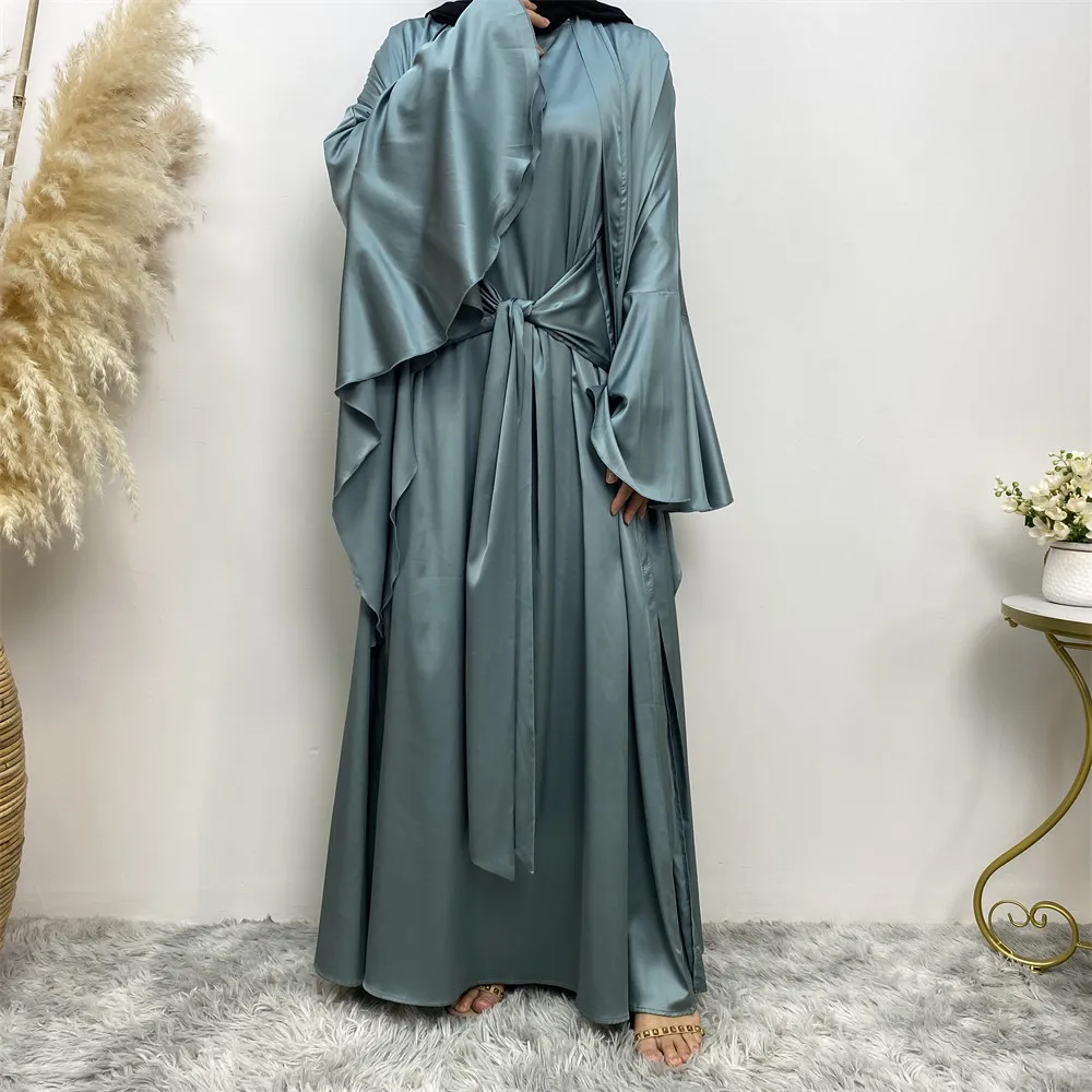 Elegante cetim mangas compridas abayas para mulheres modesto muçulmano marroquino dubai moda casual aberto robe cetim de seda conjuntos muçulmanos 2 peças