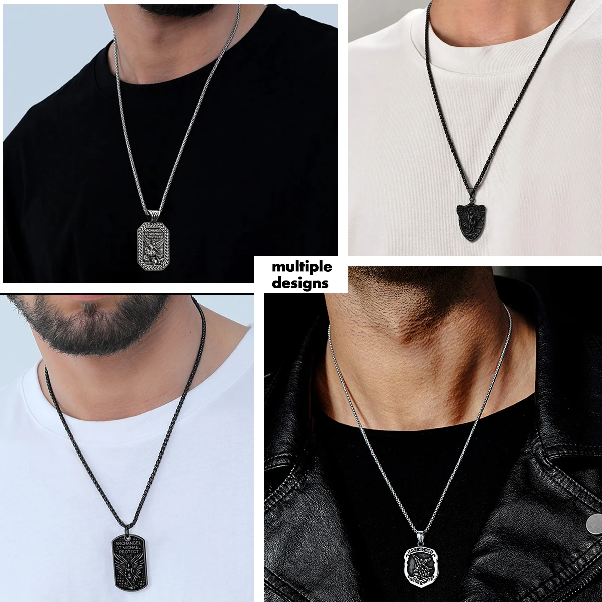 U7 Stainless Steel Archangel St. Michael Necklace Patron Saint of Police Sword Cross Shield Tag Rectangle Amulet Unisex Jewelry
