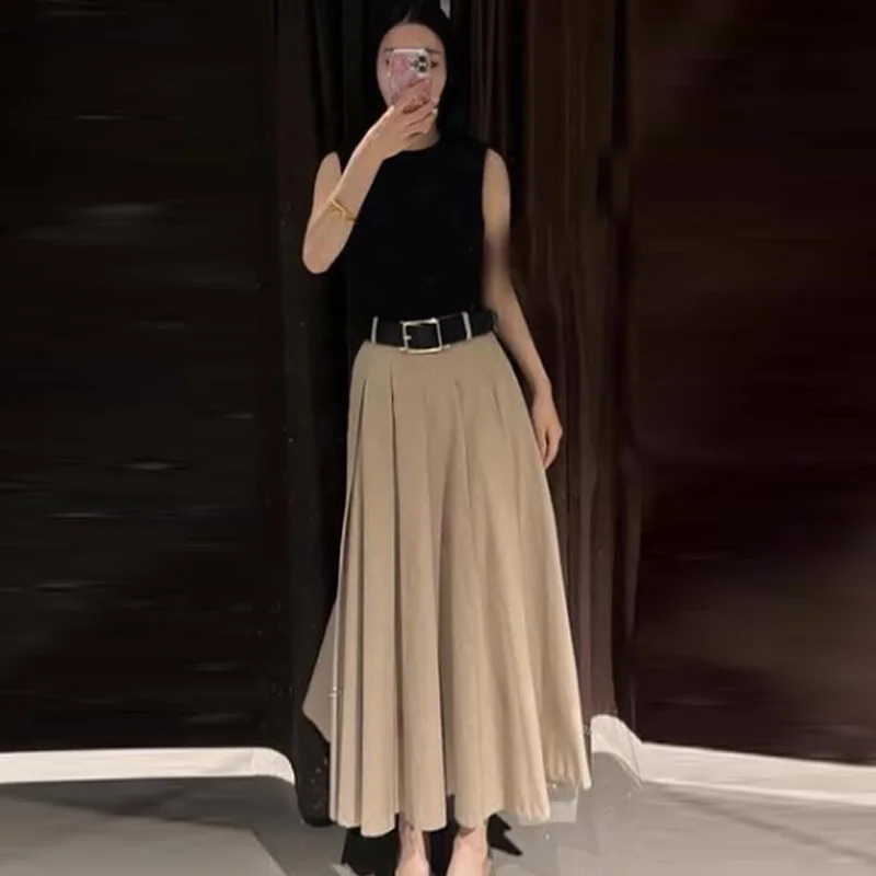 HXAO 2025 Woman Pleated Dress Women's Dress Summer O-Neck Sleeveless Long Dresses Patchwork Belt Vestidos Fashion Resort Dresses