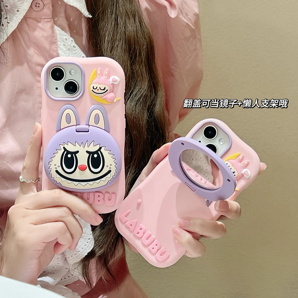 Cartoon Stereoscopic Labubus with Makeup Mirror Phone Case for IPhone 15 14 13 12 11 Pro Max Anti-fall Silica Gel Back Cover