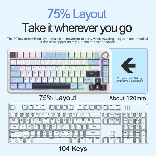 Imagen 2 del producto Teclado Mecánico Inalámbrico para Juegos FREEWOLF F75, 75% Tri-Modo Bluetooth, Mismo Modelo que AULA F75, RGB Intercambiable en Caliente PBT 4000mAh