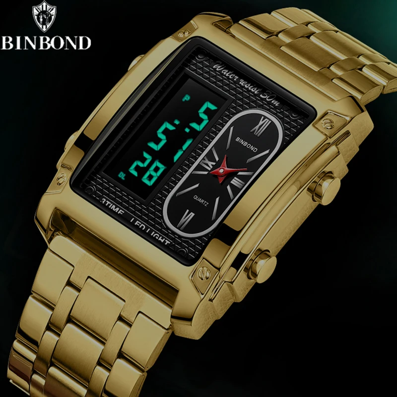 BINBOND Fashion Men Creative Steel Band Quartz Electronic Watch Dual Movements And Multifunctional Waterproof Men Student Watch