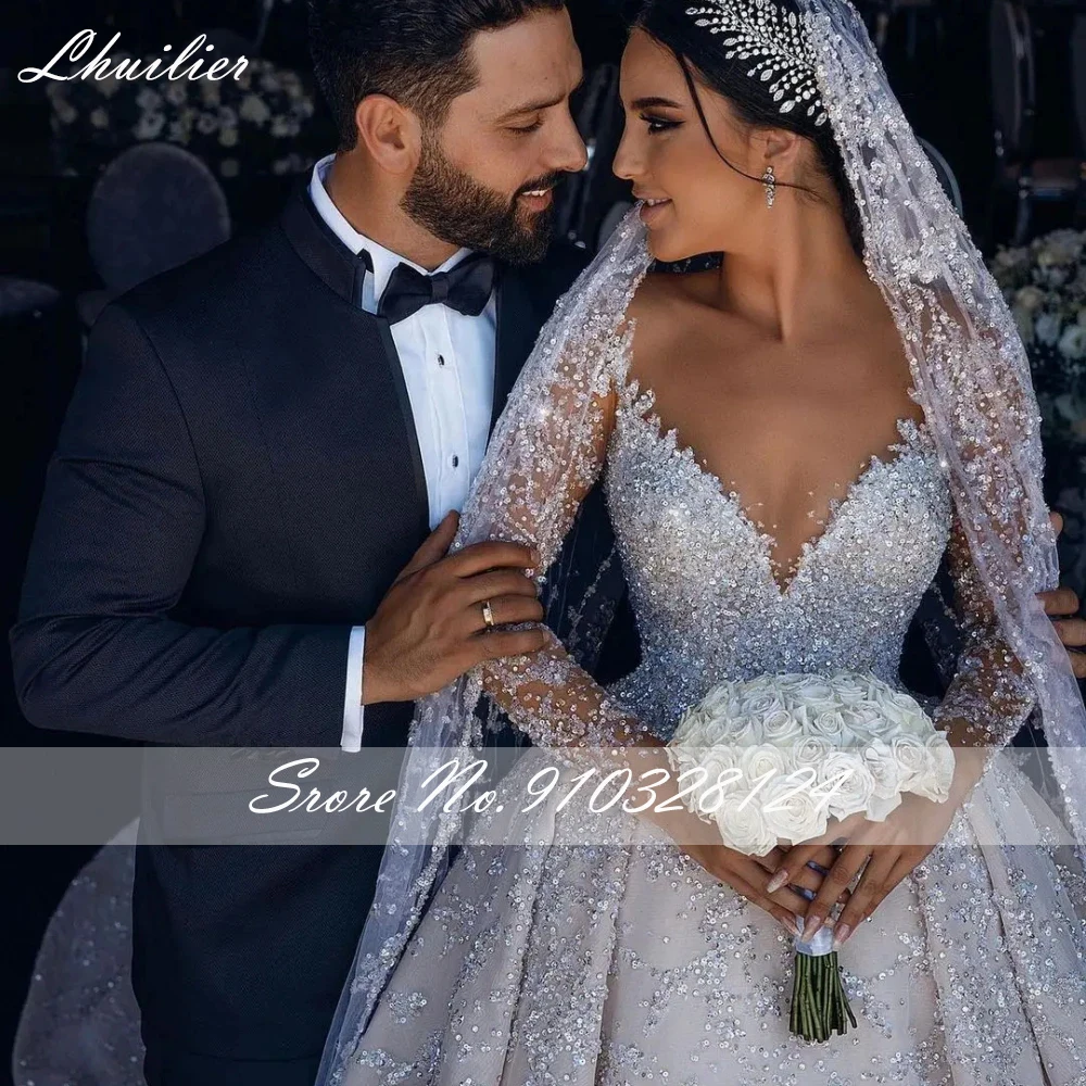 Lhuilier Customized A Line Beaded Lace Wedding Dresses Full Sleeves Backless Bridal Gowns with Cathedral Train