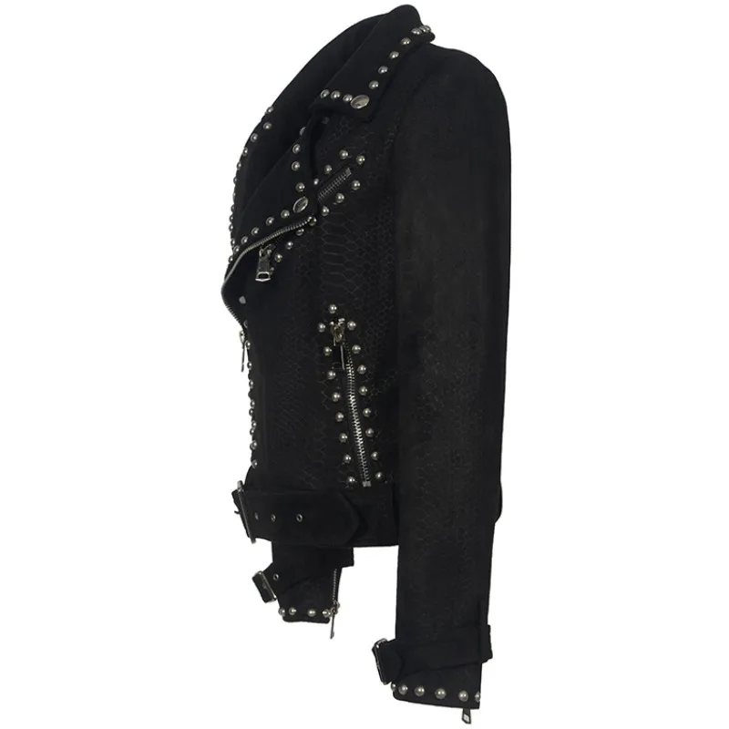 2025 nuevas chaquetas de tela de gamuza con remaches Punk de otoño e invierno para mujer, abrigo rosa serpentino a la moda, chaqueta de cuero con cremallera y solapa