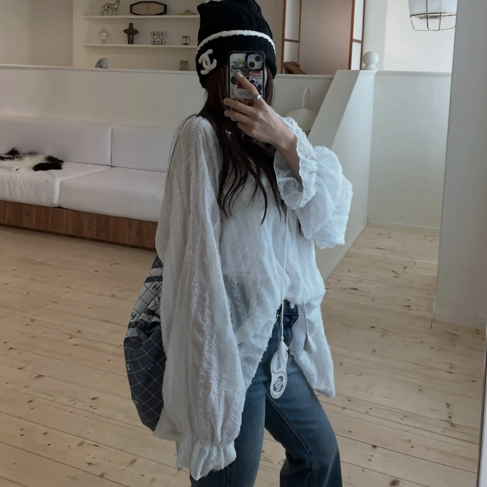 Korean Chic Textured Belted Shirt Women's Lazy Semi-Transparent Loose Long Sleeve Top Original Design Polyester Fiber