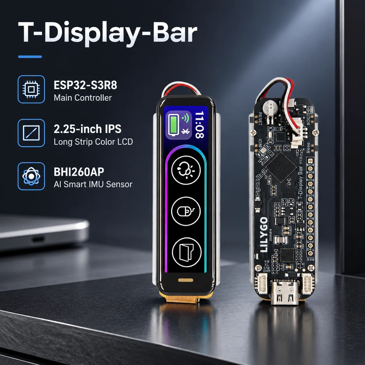 lilygo®-t-display-bar-esp32-s3-development-board-225-ips-rgb-touch-lcd-bhi260ap-ai-imu-tf-card-slot-wifi-bluetooth-5-le