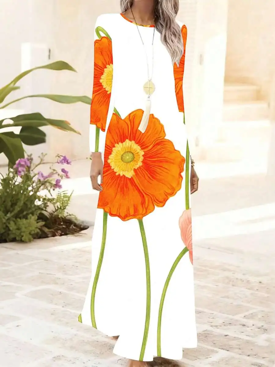 

Elegant Long Sleeve Maxi Dress Round Neck White Orange Poppy Print Casual Semi-Formal Beach Wedding Guest Gown