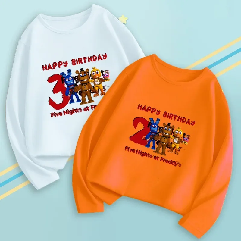 FNAF الاطفال طويلة الأكمام خمس ليال في فريدي حفلة عيد ميلاد تي شيرت بنين بنات الربيع تي شيرت الكرتون لعبة طباعة المحملة هدايا جديد #1