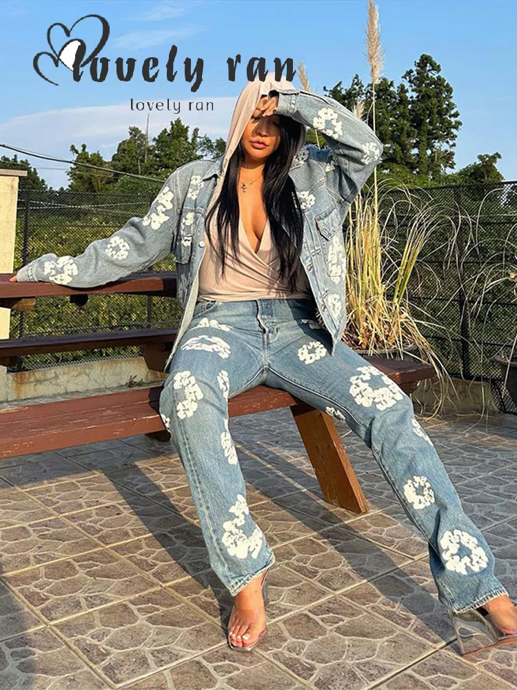

Sweet Print Jacket Pants Women Set Casual Lapel Button Pocket Coat Zippers Dropped Trousers 2025 Spring Autumn Street Lady Suit