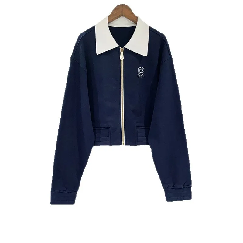 【هدية مجانية】2025 الخريف/الشتاء المرأة فضفاضة كولوربلوك بولو طوق زمم الخصر ضبط سترة قصيرة البلوز