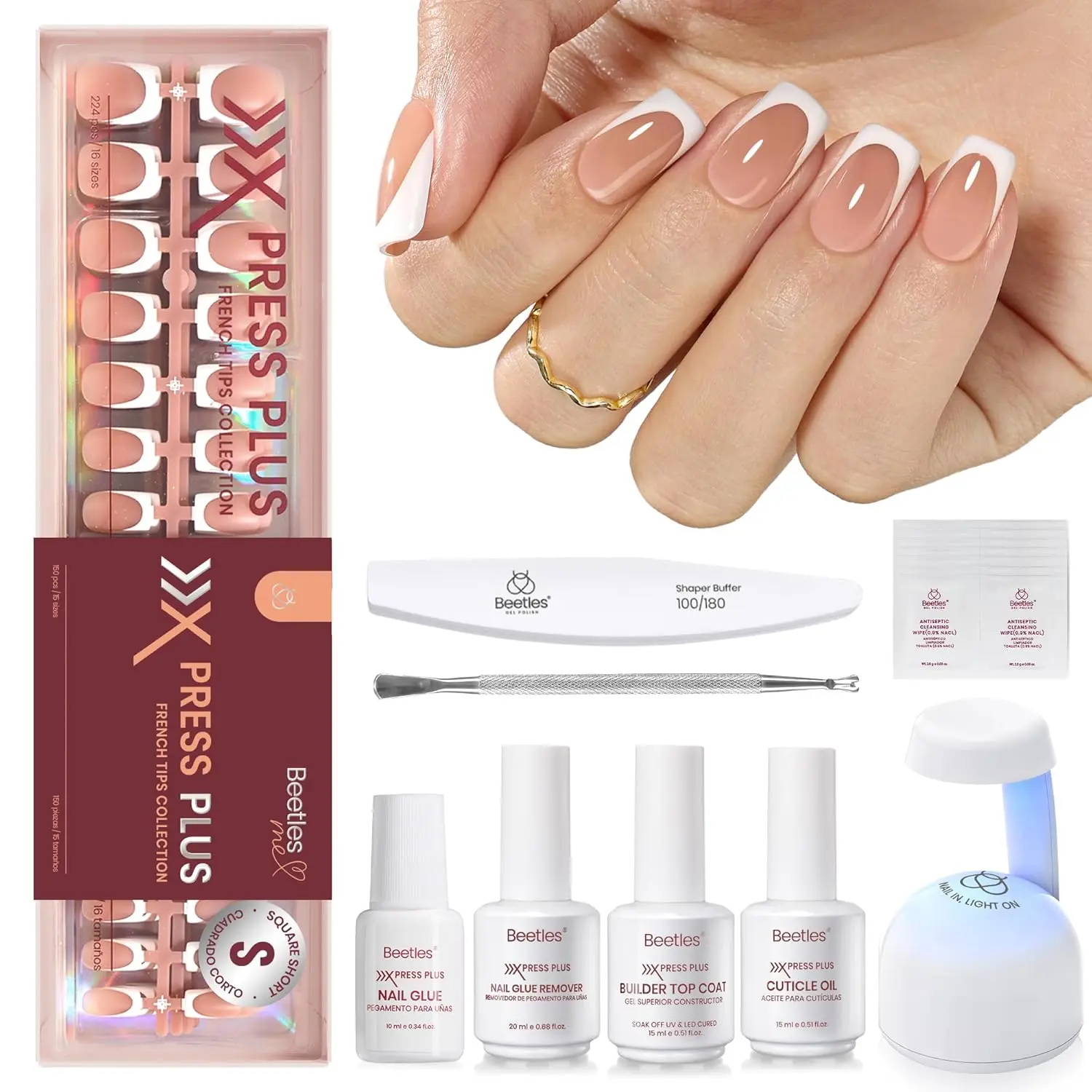 French Tip Press On Nails Kit: 224 Stück kurze quadratische Spitzen mit Kleber, Decklack und UV-Licht für DIY-Heimmaniküre