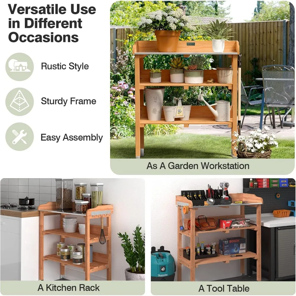 Garden Potting Bench, Outdoor Wood Workstation Table with Galvanized Steel Tabletop Outside Work Station Potting Table