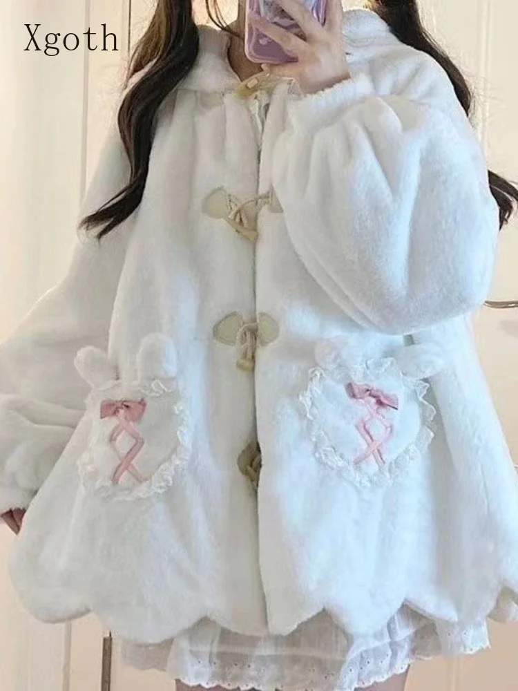 Fashion Lovely Fluffy Hoodie Female Autumn/Winter 2023 Loose Lovely Thickened Coat Female Long White Ladies Winter Jacket