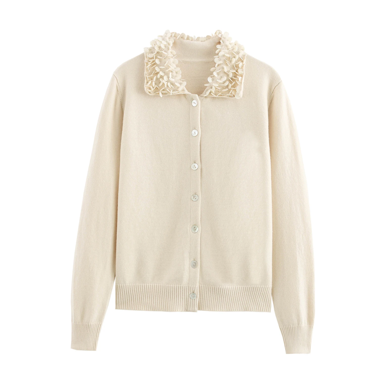 Spring New Arrival Women's Sweet Style Flared Collar Sequin Decorated Long Sleeve Knit Sweater Cardigan Women's Knitwear Coat