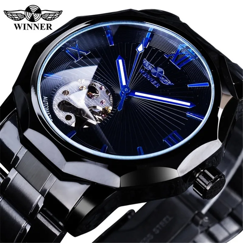 Fashion Winner Top Brand Men\'s Casual Hollow Mechanical Movement Automatic Mechanical Full Black Stainless Steel Wrist Watches