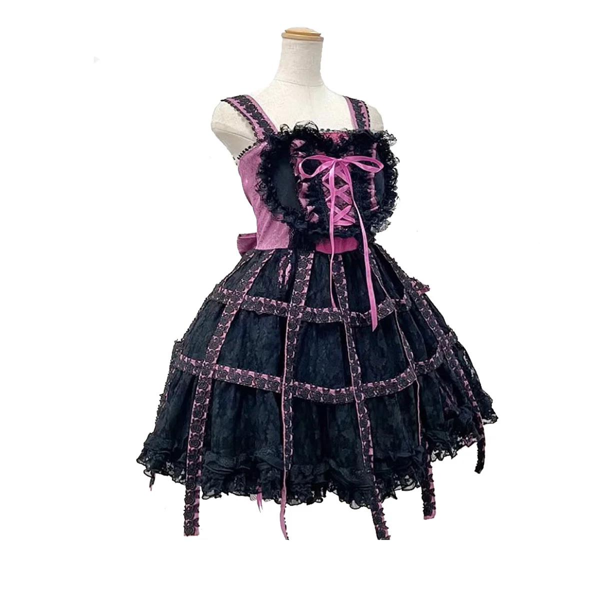 Tailored to the Gothic Lolita black and pink contrasting heart sleeveless slip dress