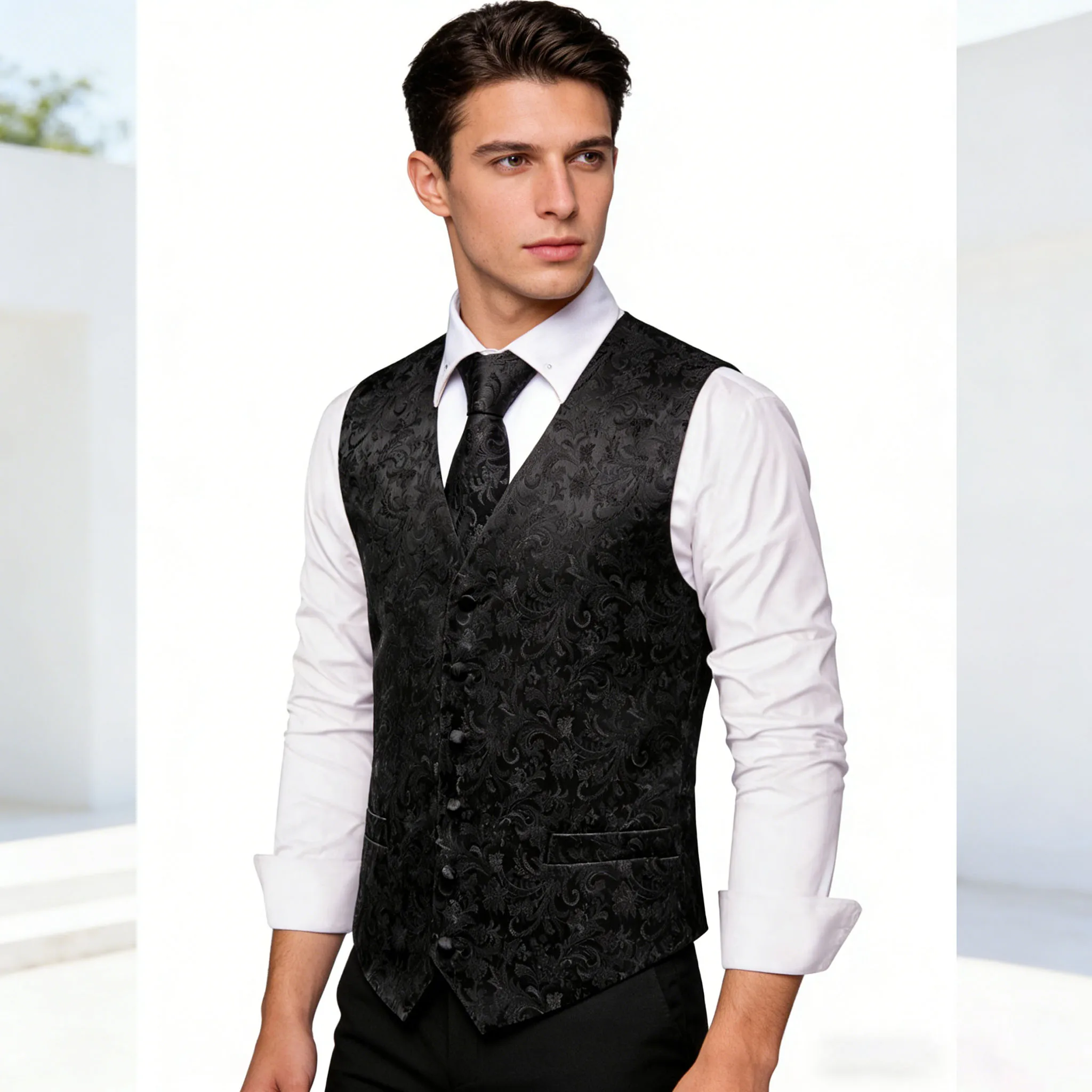 

Mens All Black Suit Vest Tie Hanky Cufflinks Set Floral Paisley Waistcoat Sleeveless Jacket Necktie for Male Wedding Busniess