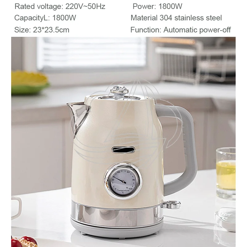 1.7L Large Household Stainless Steel Water Kettle Retro Temperature Gauge Quick Boiling Electric Pot
