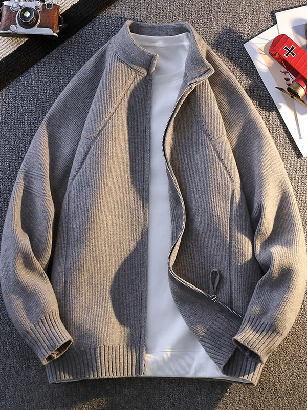 

Мужской вязаный кардиган на молнии с воротником, повседневная полосатая верхняя одежда, комфортный, средней мягкости, удлиненный, стандартной длины, модный