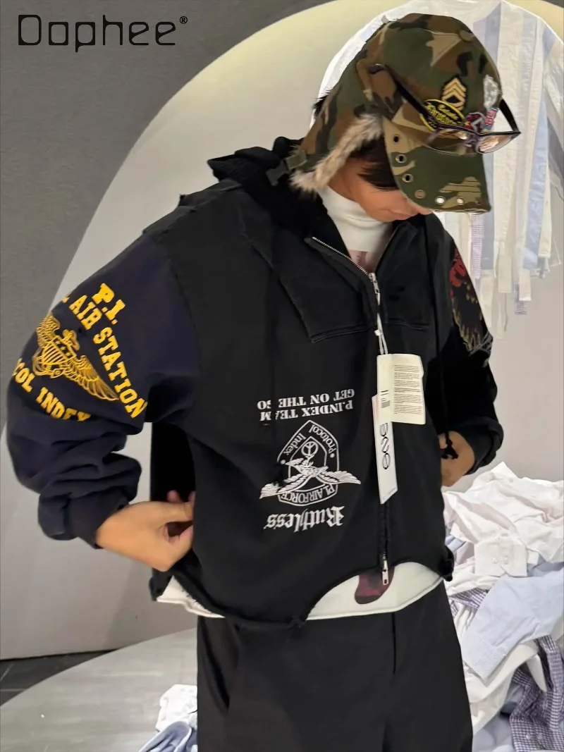 

Американская винтажная толстовка в стиле панк с потертостями и буквенным принтом, весенняя новая уличная индивидуальная лоскутная цветная повседневная толстовка