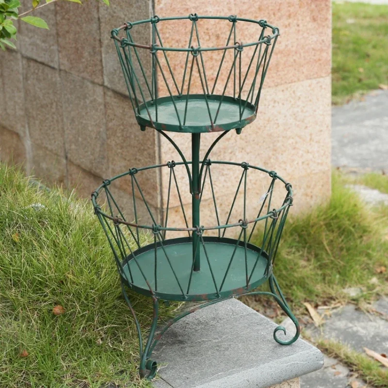 Cesta de armazenamento estilo europeu, ferro, suporte antigo para vaso de flores, 2 camadas, rack de plantas versátil, pátio, decoração de mercearia