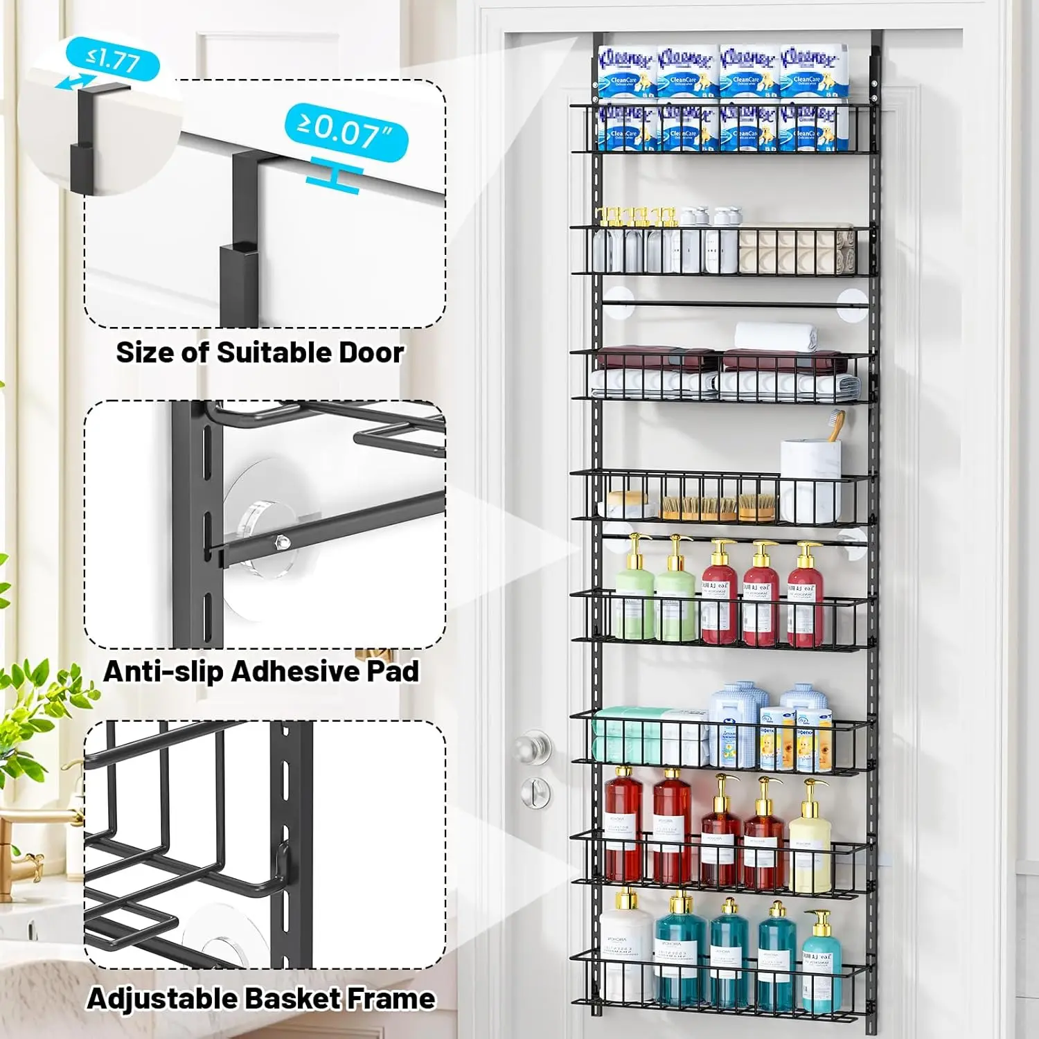 8-Tier Pantry Door Oragnizer, Over The Door Pantry Organizer Rack and Storage, Hanging Spice Rack Shelves Door, Home Office Laun