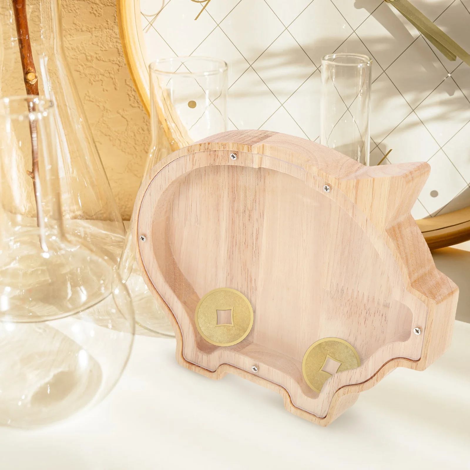 

Animal Shaped Piggy Bank Large Capacity Clear Saving Pot Wood Craft Kids Coin Collector Kids Saving Pot Gift Decorative Jar