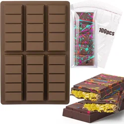5-hole Chocolate Bar Mold, Jelly Energy Bar Waffle Bar Silicone Filled Chocolate Bar Baking Mold (5 squares) and (100 Pcs bags)