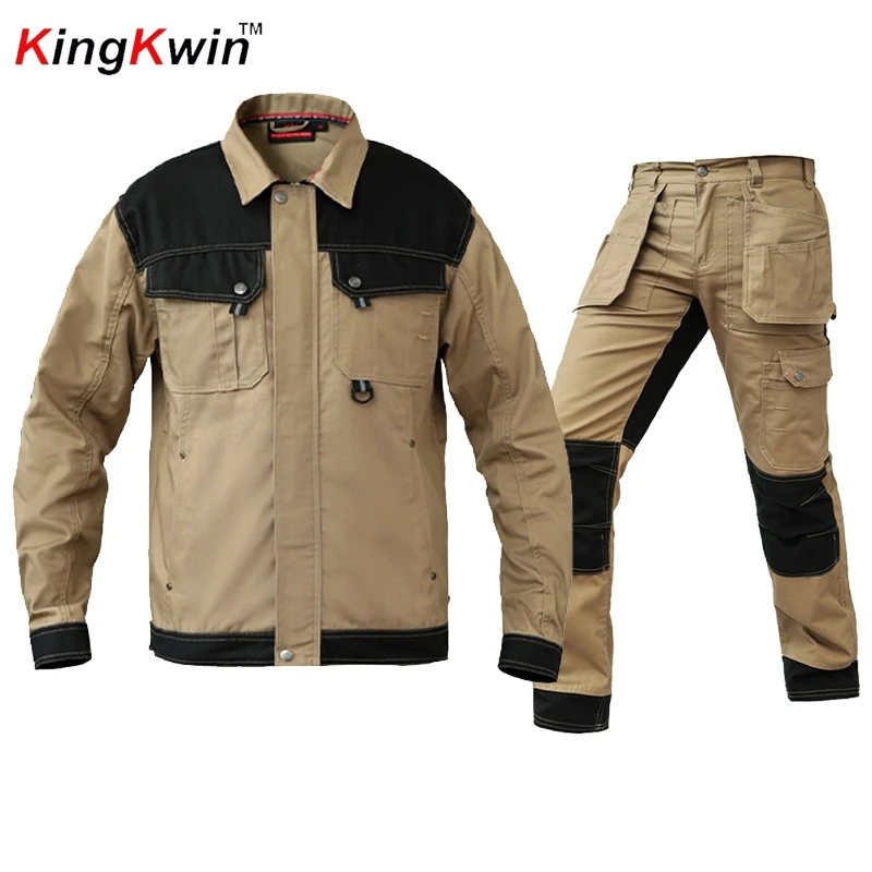 Craftsman Workwear Jacket and Pants With Knee Pads 100% cotton Khaki work jacket work trousers multi-pocket Cargo Pants