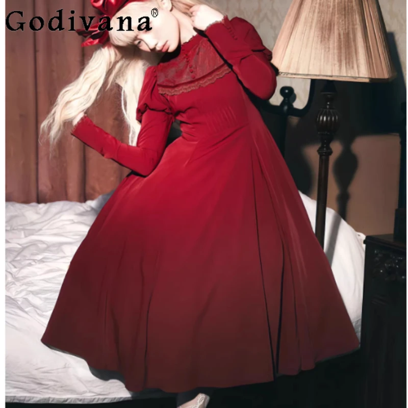 

Lolita Vintage Elegant Court Shawl Fashion High Waist A-line Long Sleeve Stand Neck Red Long Sleeve Dress Women Christmas Sets