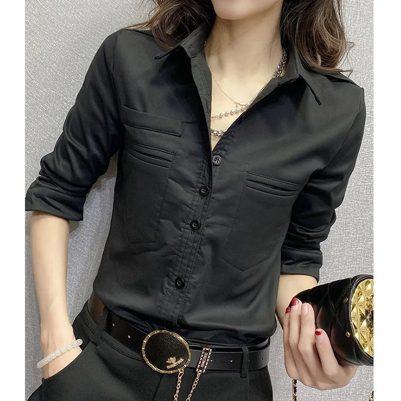 Office Lady Turn-down Collar Long Sleeve Blouse Spring Autumn Women\'s Clothing Solid Color Pockets Single Breasted Slim Shirt