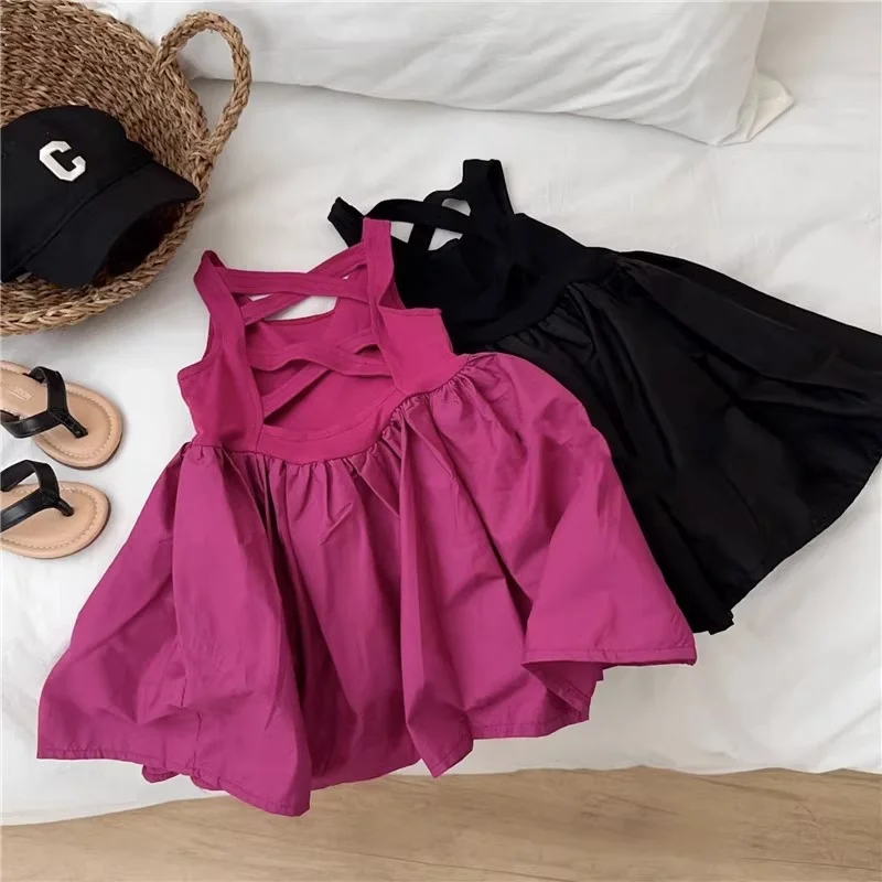 Summer Baby Girls Elegant Dresss Black Sleeveless Kids Party Dresses for 2 3 4 5 6 7 Years Old Children