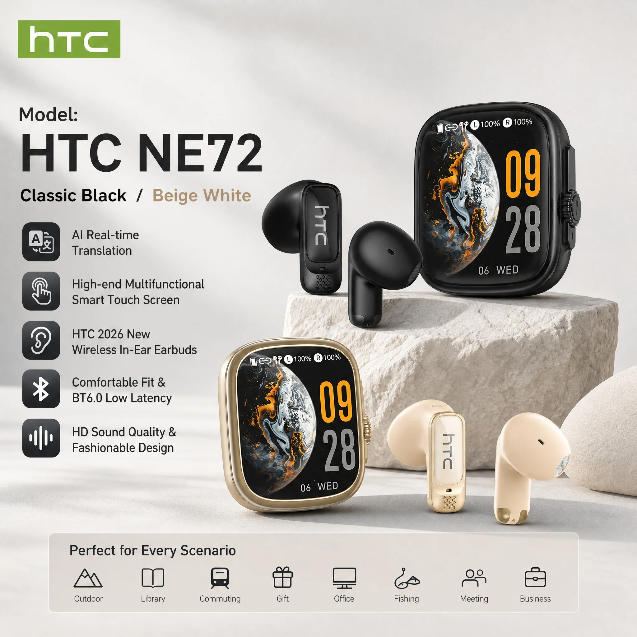 Auriculares Bluetooth HTC NE72 Deportivos TWS con Traducción IA, Auriculares Intrauditivos con Pantalla LED HD y Batería de Ultra Larga Duración