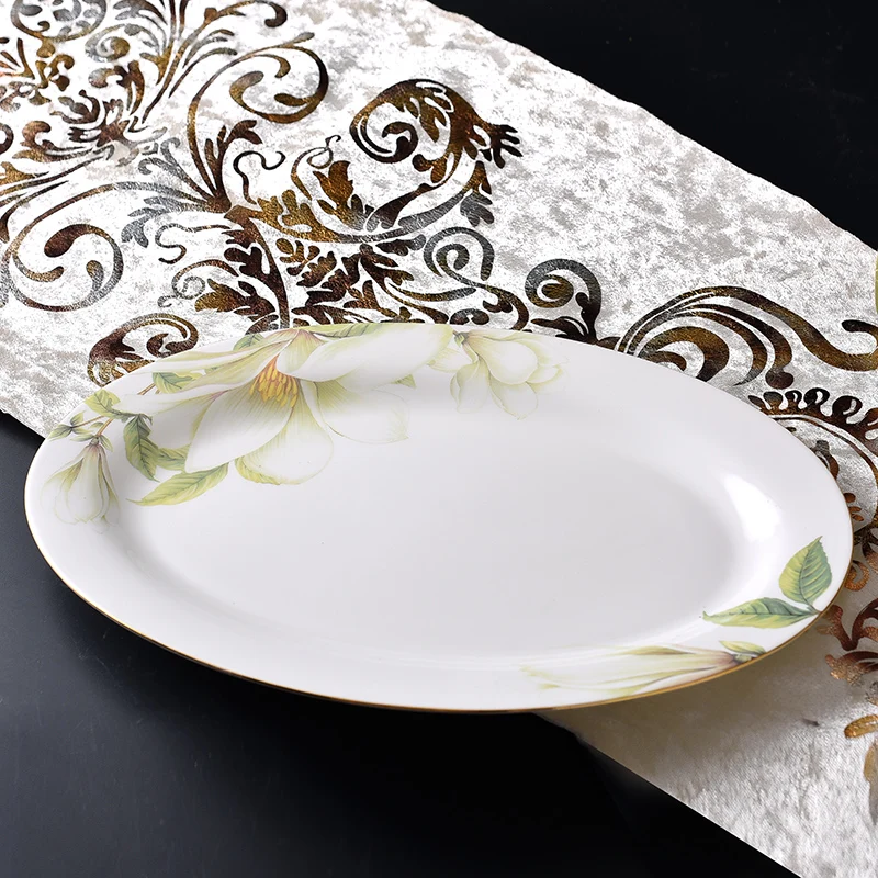 Ceramics Steaming Fish Plate  12 Inch Lily Flower pattern Oval Plate Bone China Snack Desserts Service Tray