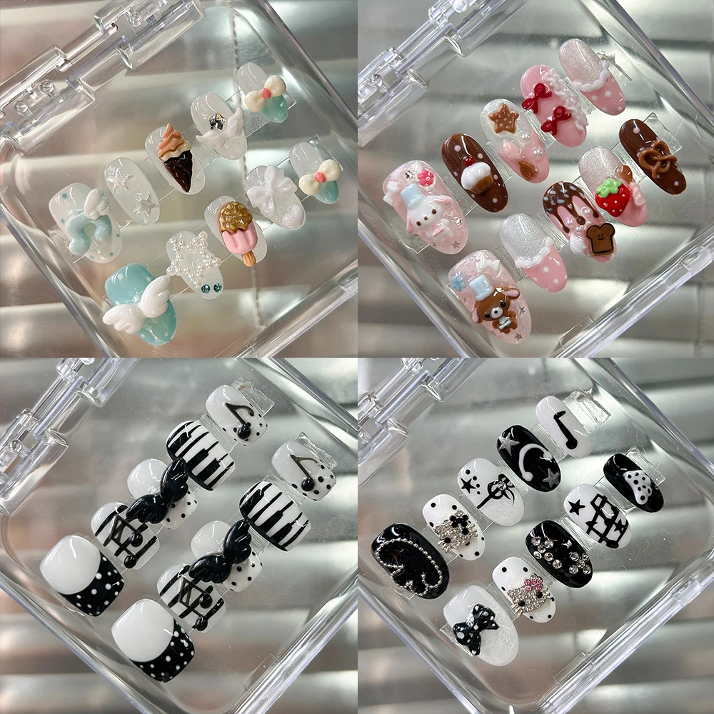 

Sweet Kawaii Ice Cream Cartoon Rabbish Handmade Nails Hand-Painted Piano Keys Polka Point Music Note Wings Pearl Press On Nails