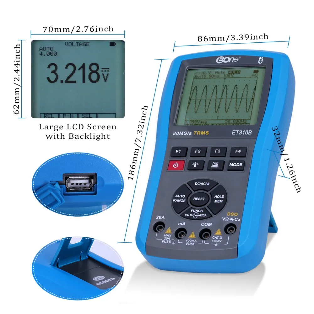 ET310B Oscilloscope Multimeter 2in1 Scopemeter DSO 80MSa/s 20MHz Bandwidth Kit AC/DC DMM Bluethooth Wireless Design 10MΩ Input