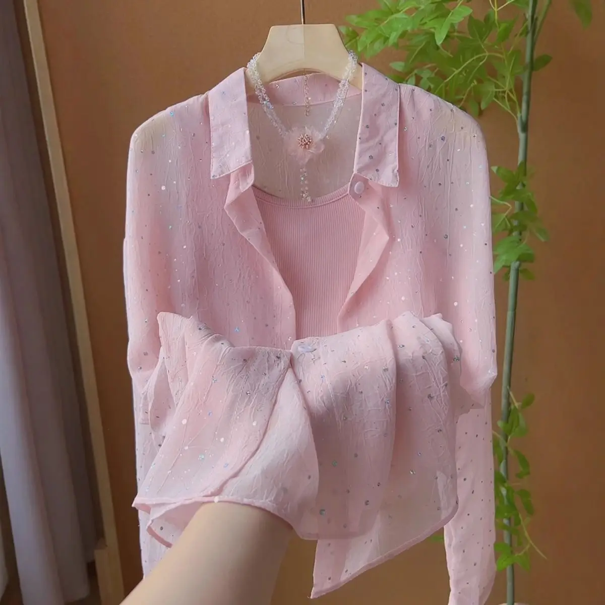 Chemise de Protection solaire légère à paillettes pour femmes, Style français doux, décontracté, ample, superposée, haut d'extérieur, été