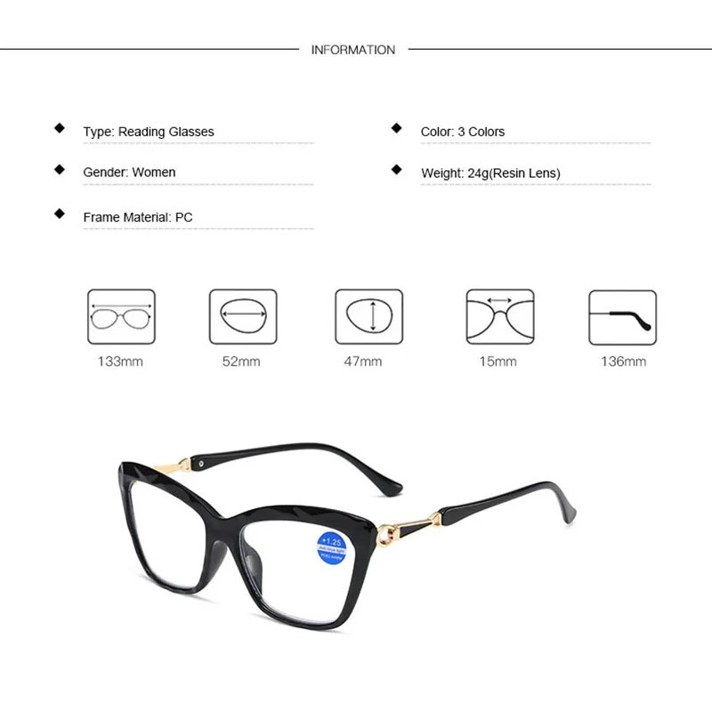 Ahora-Lunettes de lecture œil de chat pour femme, lunettes anti-rayons bleus, mode féminine, presbytie, + 1.0 + 1.25 + 1.5 + 1.75 + 2.0 + 2.5 + 3.0