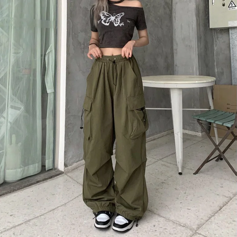 Streetwear Black Cargo Pants for Women Baggy Outdoor Workout Joggers Pants Combat Military Trousers Y2k Sweatpant with Pockets