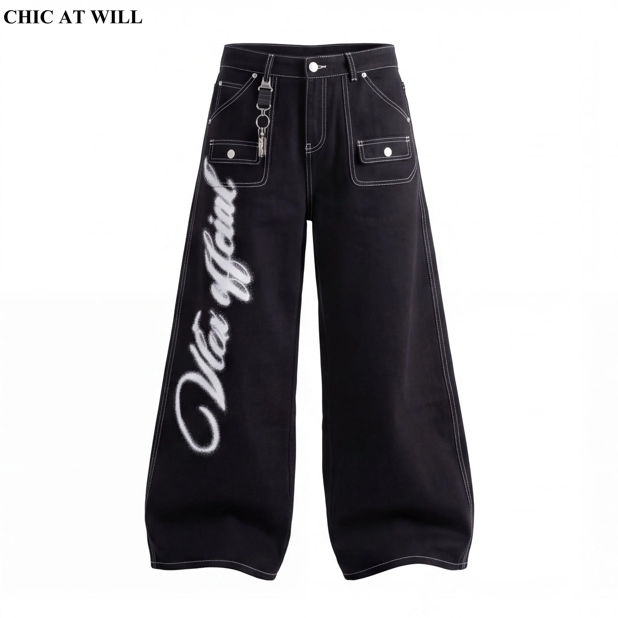 CHIC StreetAmerican Retro Multi-Pockets Printed Women's Jeans Fashion Loose Straight Pants Versatile Wide Leg Denim Men's Jeans