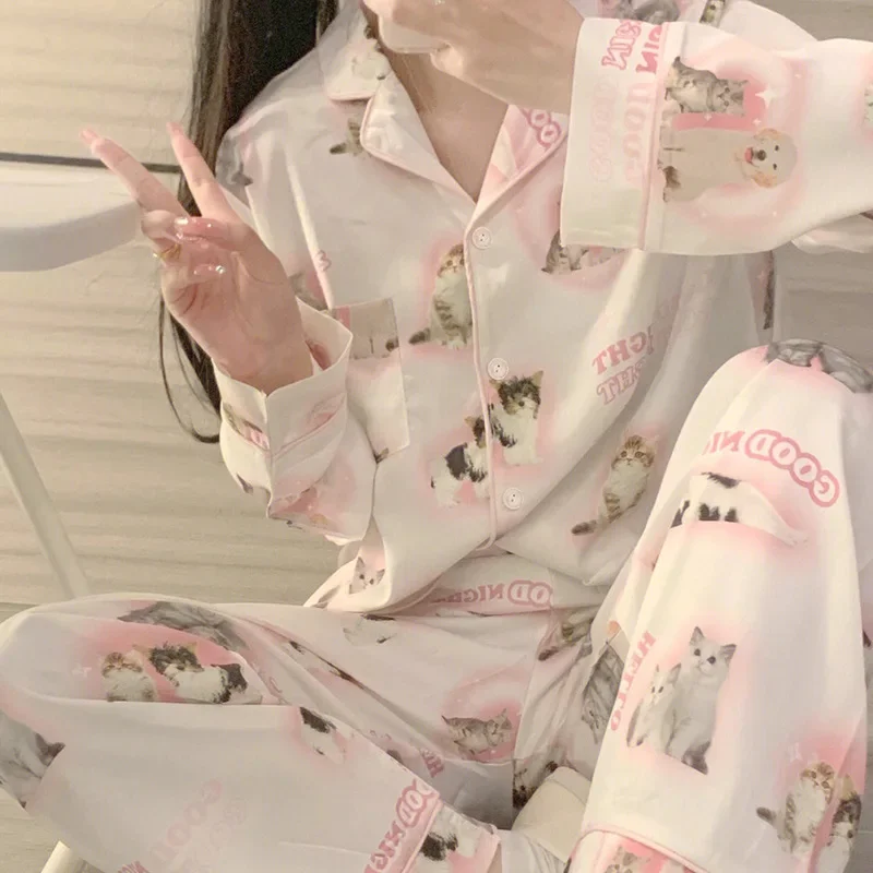 High Quality Ice Silk Cute Cat Print Summer New Thin Pajamas Female Spring Summer Silk Homewear Set Nightwear Sleepwear nightie