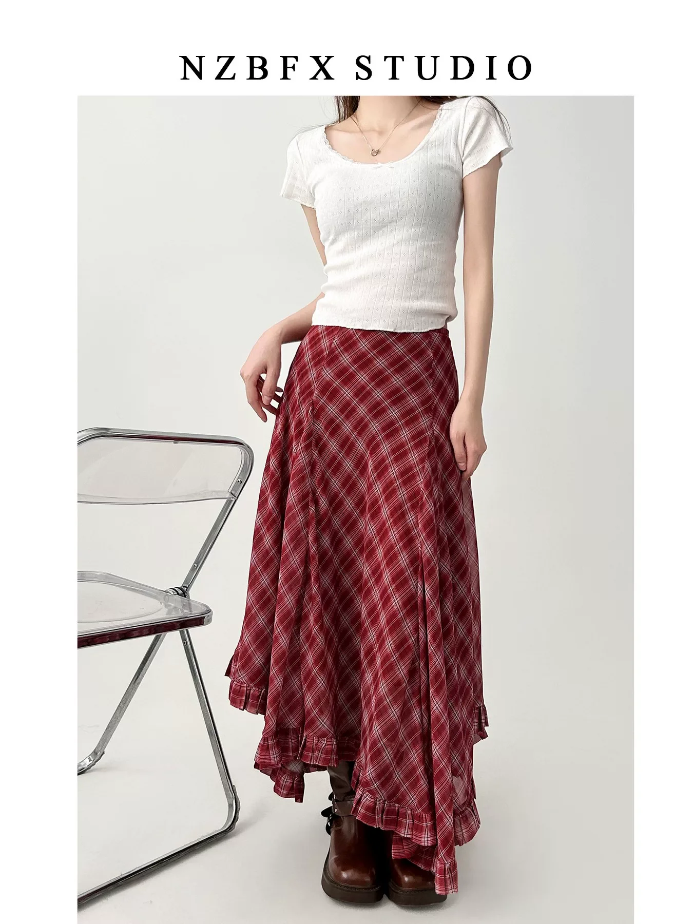 Spring Summer Vintage Two-Tone Plaid Midi Asymmetrical Hem A- Line Skirt Large Flounce Midi Length Silk Half Body Skirt