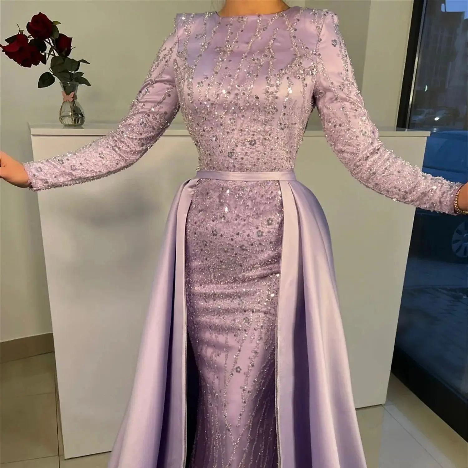 Cindy Lavender Beaded Satin Middle Eastern Removable Large Customized Customized Elegant and Pretty Women\'s Dresses Formal Dress