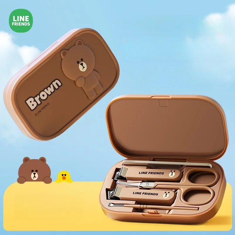 

Line Friends Brown Nail Scissors Set Splash-proof Portable Partition Storage Household Nail Clipper Ear Spoon Daily Care Set New